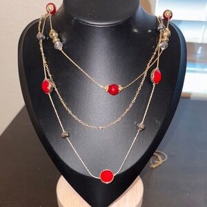 New York & Company Red and Gold Multi-Layer Necklace